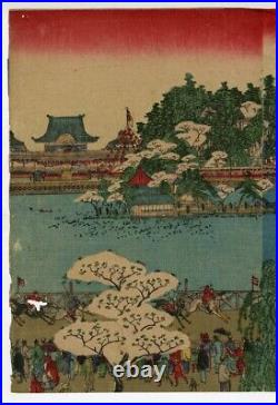WB Nobukazu Japan Woodblock Prints Antique Meiji Ukiyo-e Sakura Pond Triptych