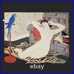 WB Toraji Ishikawa Japanese Woodblock Prints Asian Antique Ukiyo-e Parakeet Nude