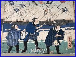 Y4186 WOODBLOCK PRINT Yoshitora kite-raising triptych Japan Ukiyoe art antique