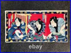 Y6283 WOODBLOCK PRINT Kunimasa triptych Kabuki Japan Ukiyoe antique interior