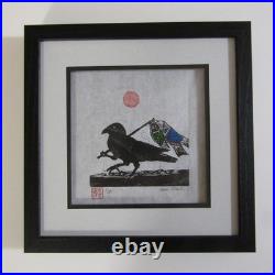 Yata Karasu Crow Koinobori woodcut woodblock print Japanese hanga signed framed
