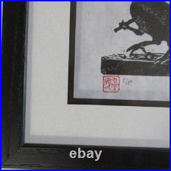 Yata Karasu Crow Koinobori woodcut woodblock print Japanese hanga signed framed