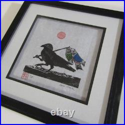 Yata Karasu Crow Koinobori woodcut woodblock print Japanese hanga signed framed