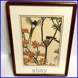 Yoshida Toshi Flower bird 1982 Japanese Woodblock Print Showa Era Rare