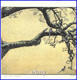 Yoshida Toshi JPlum tree Blue Magpie Japanese Woodblock Print